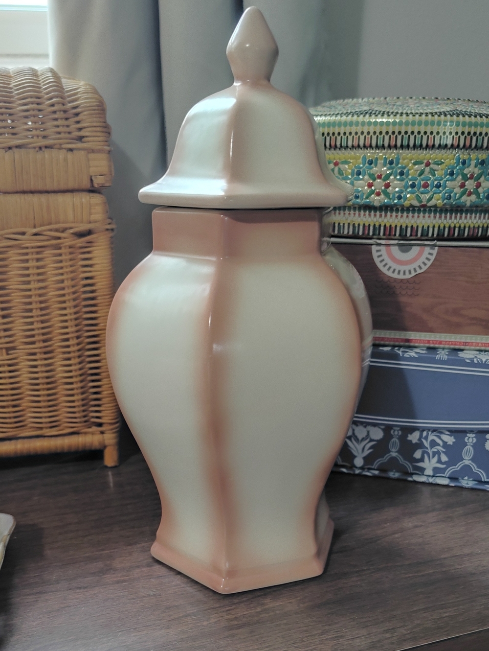 Vintage Cream and Peach Ceramic Hexagon Shaped Ginger Jar